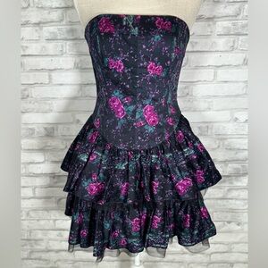 Betsey Johnson Black Pink Floral Strapless Ruffled Cocktail Dress